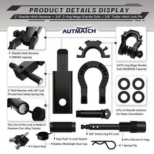 AUTMATCH Heavy Duty 2-Inch Shackle Hitch Receiver with 3/4" Mega D-Ring & 5/8" Lock Pin - 68, 000 lbs Break Strength, 1/2" Threaded Pin