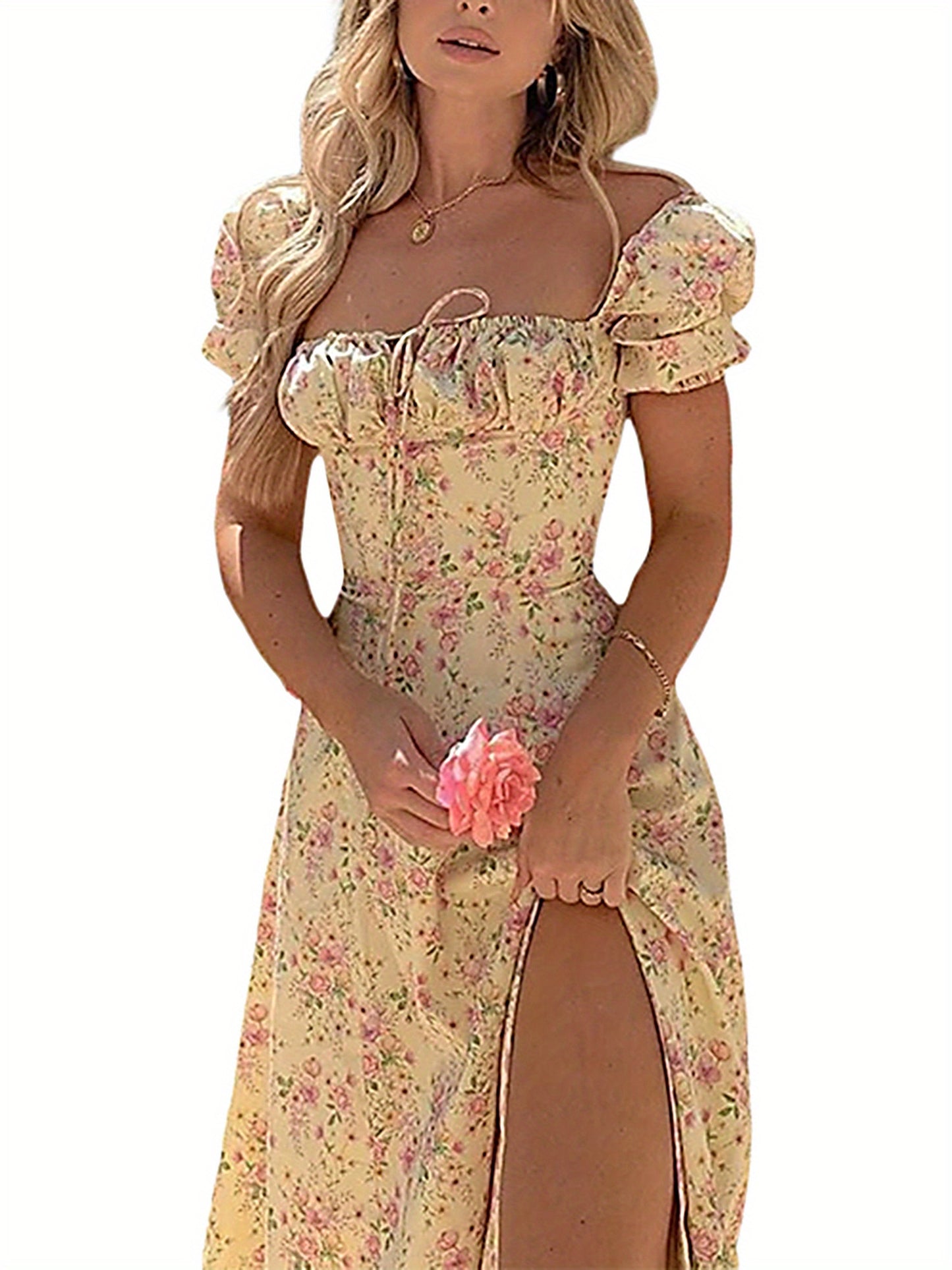 Ladies' Gown Featuring Puff Short Sleeves, Lace-Up Front, Floral Print, And a High-Slit Long Skirt