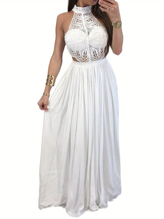 Women Hollow Out Lace Halter Dress, Crochet High Waist Pleated Maxi Dress Wedding Party Dress