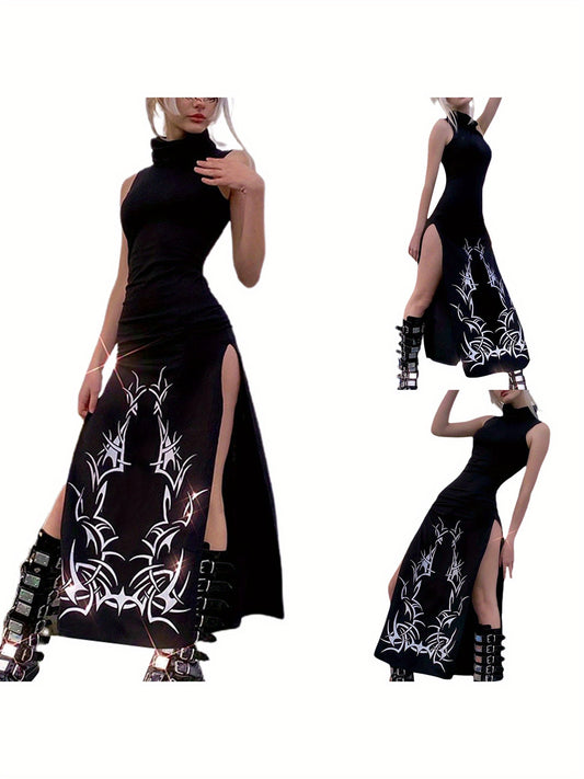 Womens Summer Sleeveless Long Dress Vintage Printing High Collar Slim Fit Split Dress