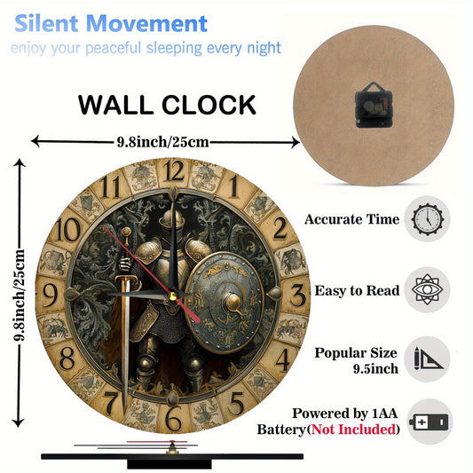 1pc Silent Medieval Knight Wooden Wall Clock - Vintage Armor Design, No Ticking, Easy to Read, Round - For Living Room, Office, Home Decor - Perfect Gift for History Buffs & Home Decor Enthusiasts