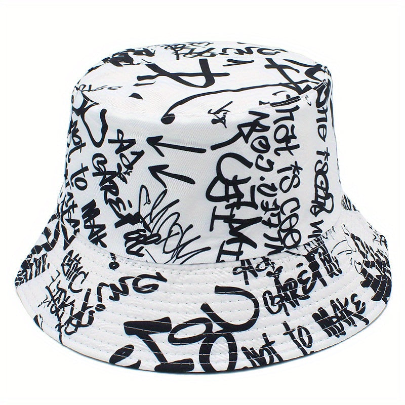 Unisex Lightweight Fisherman Bucket Hat with Graffiti Letter Print - Adjustable Hat for Outdoor Travel, Beach & Casual Wear, Black & White, Beach Hat, Stylish, Urban Streetwear, Fabric Construction