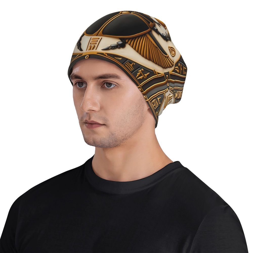 Egyptian Totem Knit Beanie - Fashionable Men's Headwear with Polyester and Elastane Blend - For Winter - Suitable for Casual & Streetwear Style - Great Gift for Men