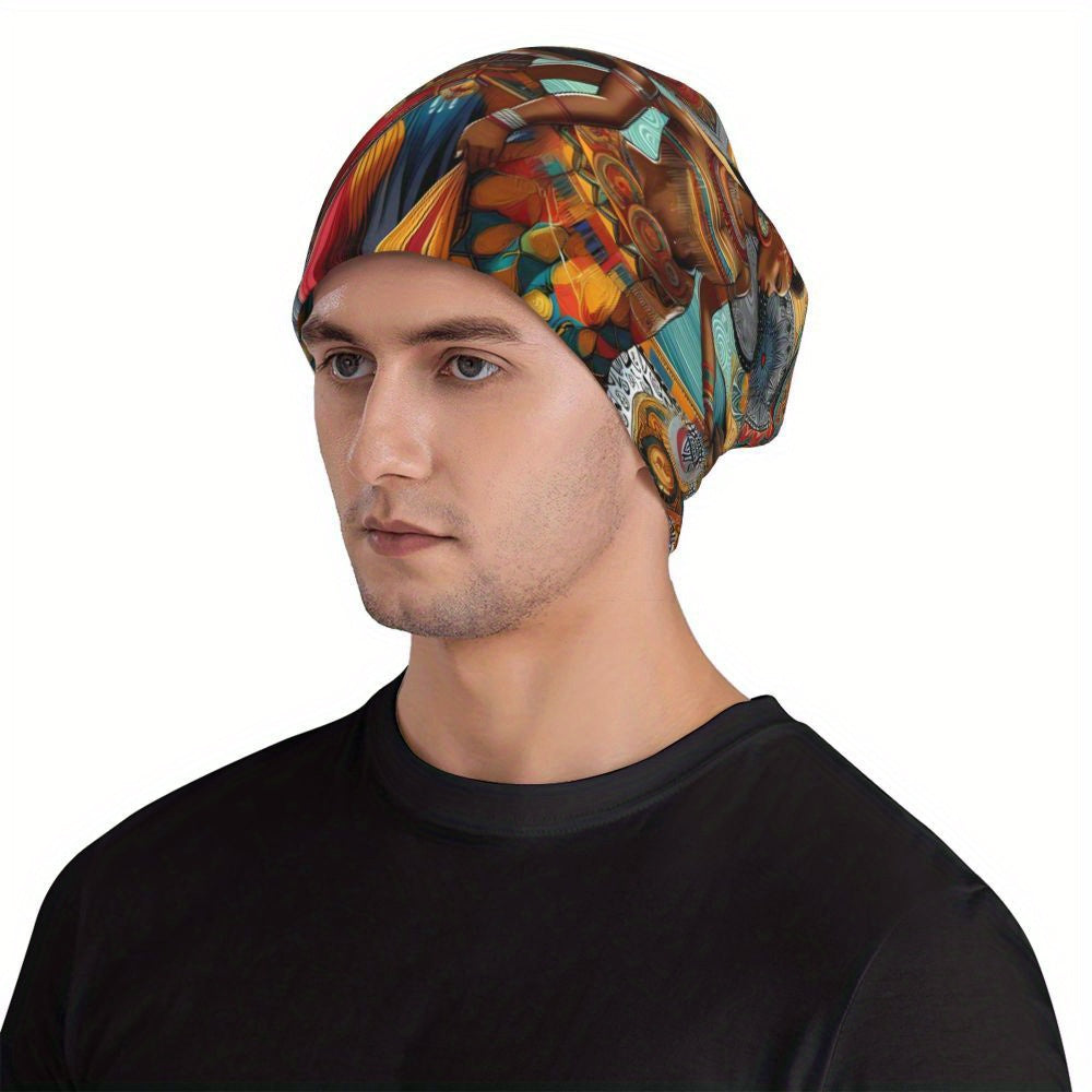 African Print Beanie Cap - Biihudu Brand Fashionable Knit Hat with Elastic Polyester Blend, No Brim, Lightweight Sports Cap Unisex Suitable for Men And Women.