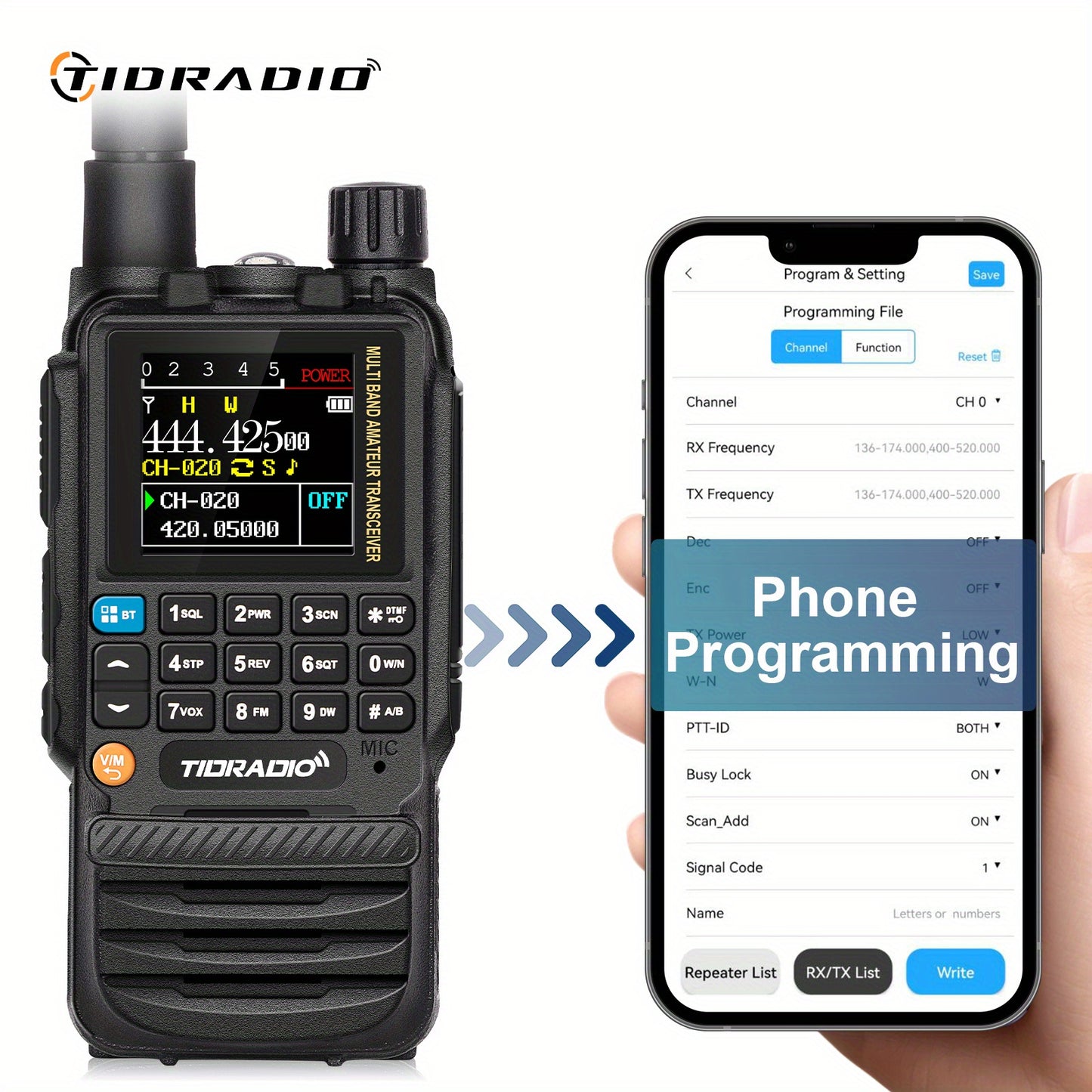 TIDRADIO TD-H3 Multi-Band Ham/GMRS Handheld Radio - Two Way Radios with USB-C Programming & Charging, Long Range with 2500mAh Battery and Air Band Long Antenna, One Key Frequency Match - For Outdoor Enthusiasts, Emergency Pre