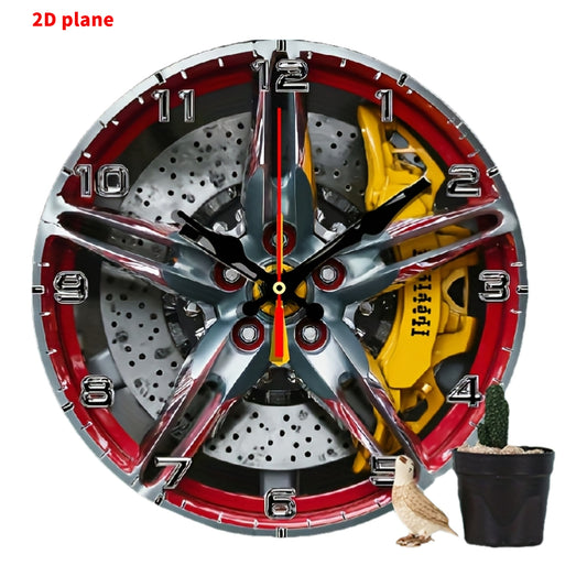 The 2D flat decorative plaque wall clock with the theme of "Exquisite car wheel hub" is equipped with a silent quartz movement. It is an ideal choice for wall decoration and also an excellent gift for birthdays, fireworks, Ch
