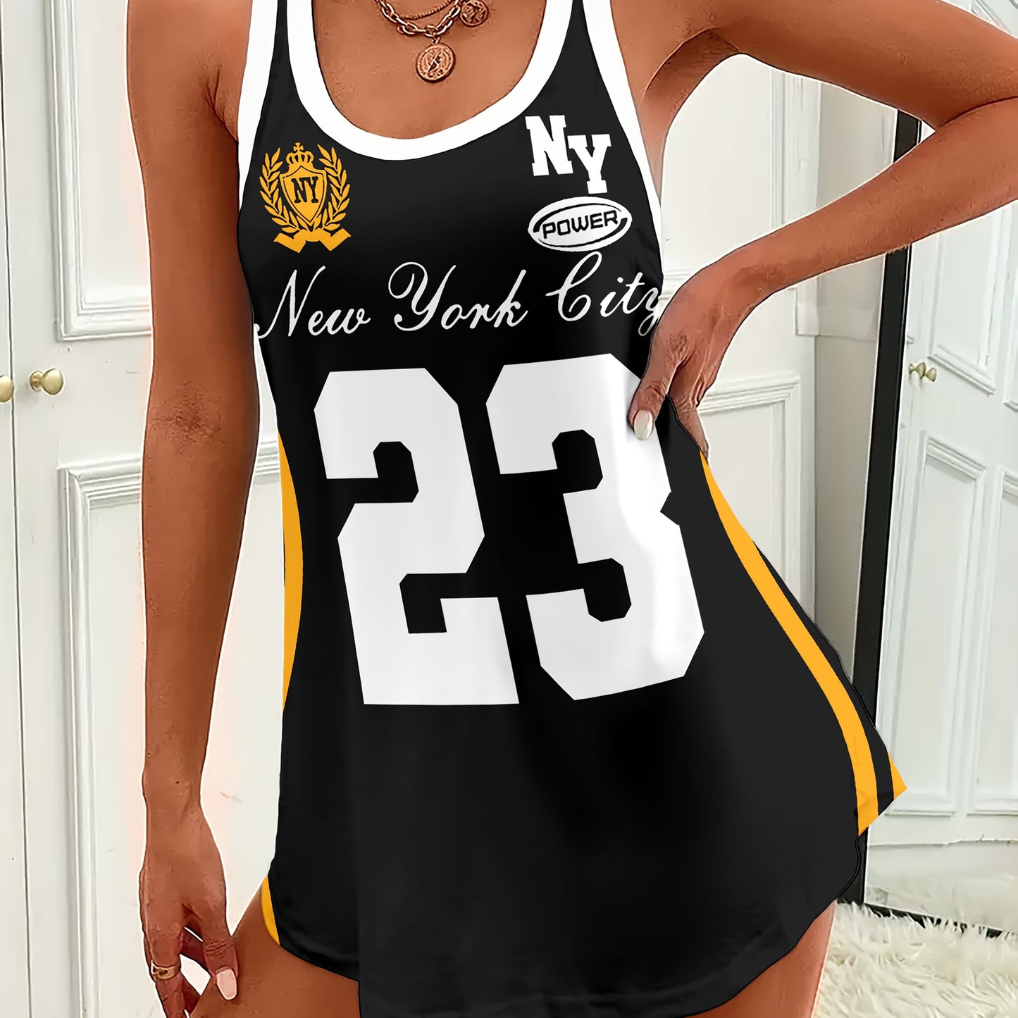 Women's Two-in-One Sleeveless Sleepwear & Day-to-Night Outfit - New York City & 23 Number Print Color-Block Vest Pajama Dress - High-Stretch Asymmetrical Hem Lounge Dress for Adults - All-Season Casual Wear (Black/Yellow)