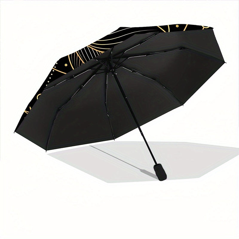 1pc Lotus Mandala Automatic Open/Close Folding Compact Umbrella - 8-Rib Sturdy Canopy, Lightweight Portable, Durable Plastic & Iron Construction, Elegant Black & Golden Design for Daily Commute, Travel, Outdoor Use - Fashiona