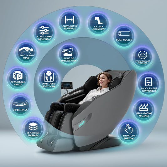 3D Massage Chair Full Body Zero Gravity Recliner - with Heated Heat, 12 Auto Massage Modes, Shiatsu Foot Massage, with 55" SL Track, 28 Airbags Massage, Foot Roller