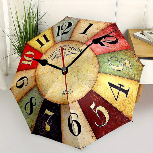 1pc Cafe de la Tour Vintage Wall Clock with 8 Metal Spokes, Plastic Handle, Auto Open/Closed Umbrella - Fashion Pattern, Portable Foldable Sunshade Umbrella for Travel or Daily Use. A157