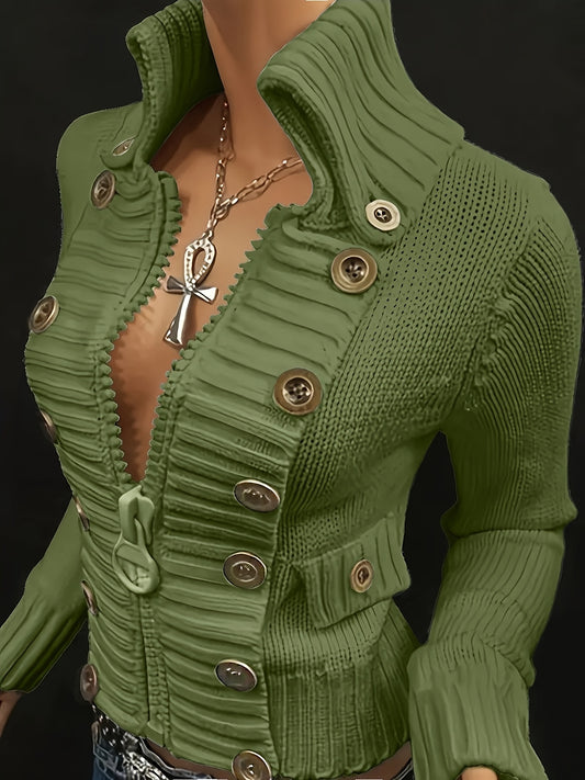 Multi-button decorated large zipper stand-up collar slim-fit cardigan