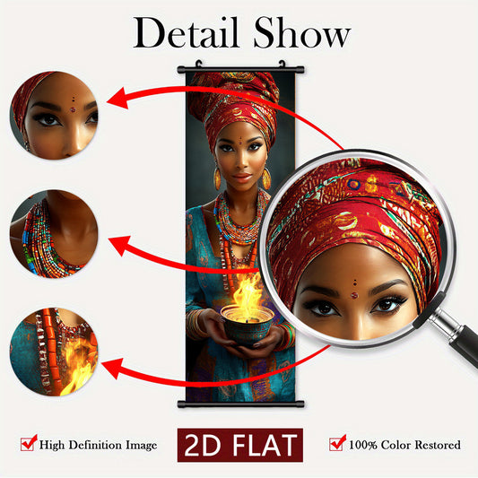 2D/ FLAT-3pcs African flame women wall murals, African women holding flame containers and wearing exquisite jewelry, high-definition high-quality printing, ink artwork poster, suitable for living room, bedroom, office decorat