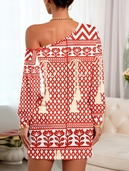Plus Size, Elegant One-Shoulder/One-Strap Long Sleeve Dress - Red & White Geometric Floral print with Tassel Boho Dress, Fitted Party Wedding Guest Gown, Machine Washable Spring Outfit