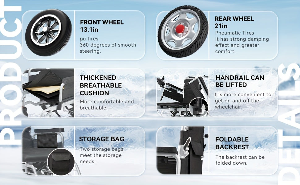 Foldable Electric Wheelchair Exclusively For Elderly -70-Pound Design For Effortless Carrying, Ideal For Seniors. Equipped With Electromagnetic Brakes For Secure Slope Stops And 15-Km Long-Range Battery For Extended Outings.