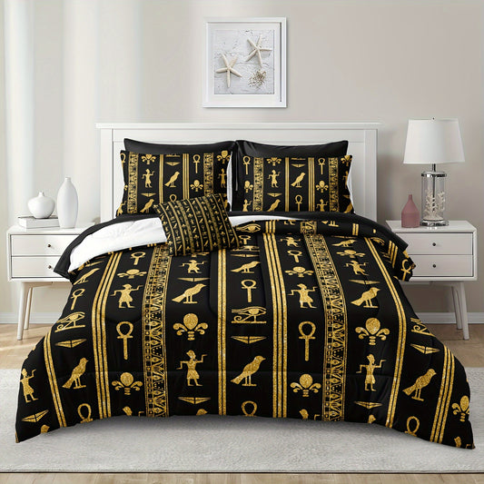 Black Golden Full Comforter Set Ancient Egyptian Bedding Comforter Set Vintage Pharaoh Pyramid Pattern Bedding Boho Tribal Comforter Set Sheet Set With 1 Cushion Cover 200G Microfiber Fillings Comforter Set With Sheet Set For