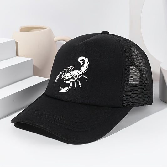 Unisex Scorpion Print Baseball Cap - Breathable Mesh Trucker Hat with Adjustable Fit for Outdoor Sports, Fishing & Casual Wear, Black with White Scorpion Design, Spring/Summer Collection, Spring Summer Cap | Stylish Headgear