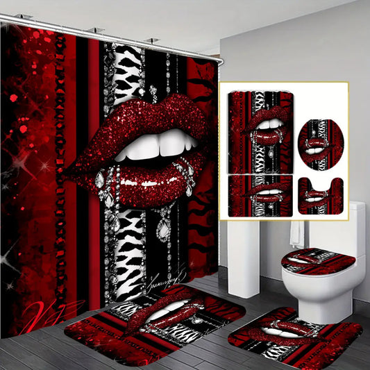 Sexy Red Lips Print 4pcs Bathroom Set with 12 Hooks - High Quality Shower Curtain, Anti-Slip Bath Mat, Toilet Cover & U-Shaped Carpet - Glitter Accent Black & Red Design, Machine Washable Luxury Bath Decor for Modern Homes