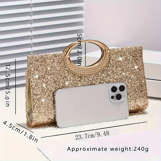 Elegant Golden Sequin Evening Clutch Purse with Detachable Chain Strap & Snap Closure - Sparkling Glamour Handbag for Weddings, Galas, Proms - Middle Eastern Collection, Formal Accessory, Glittery Texture