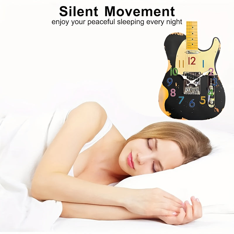 1pc Unique Shaped Clock, Retro Guitar Design Wall Clock, Irregular Cut Guitar Clock, Silent Quartz Unique Creative Music Clock, Suitable for Bedroom, Living Room, Office, Kitchen, Bathroom, Battery Powered (Batteries Not Incl