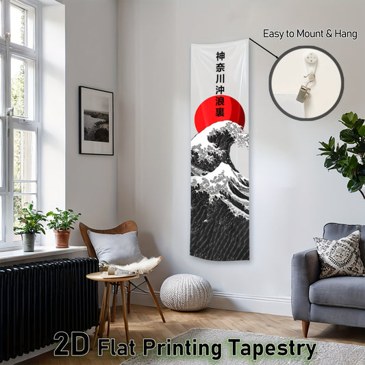 Extra Long Japanese Wall Hanging Tapestry - Great Wave off Kanagawa Ukiyo-e Art Poster, Large Vertical Floor Decor for Living Room, Bedroom, Dorm - Hokusai-Inspired Japanese Decor with Red Sun Symbol - Ideal Gift for Home Dec