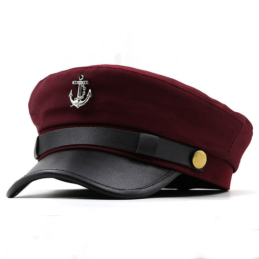 Women's Nautical Anchor Beret Hat - Red & Black Yacht with White Anchor Emblem, Adjustable Buckle Closure, Large Head Size for Face, All-Season Lightweight French-Style for Sailing, Parties & Maritime Events
