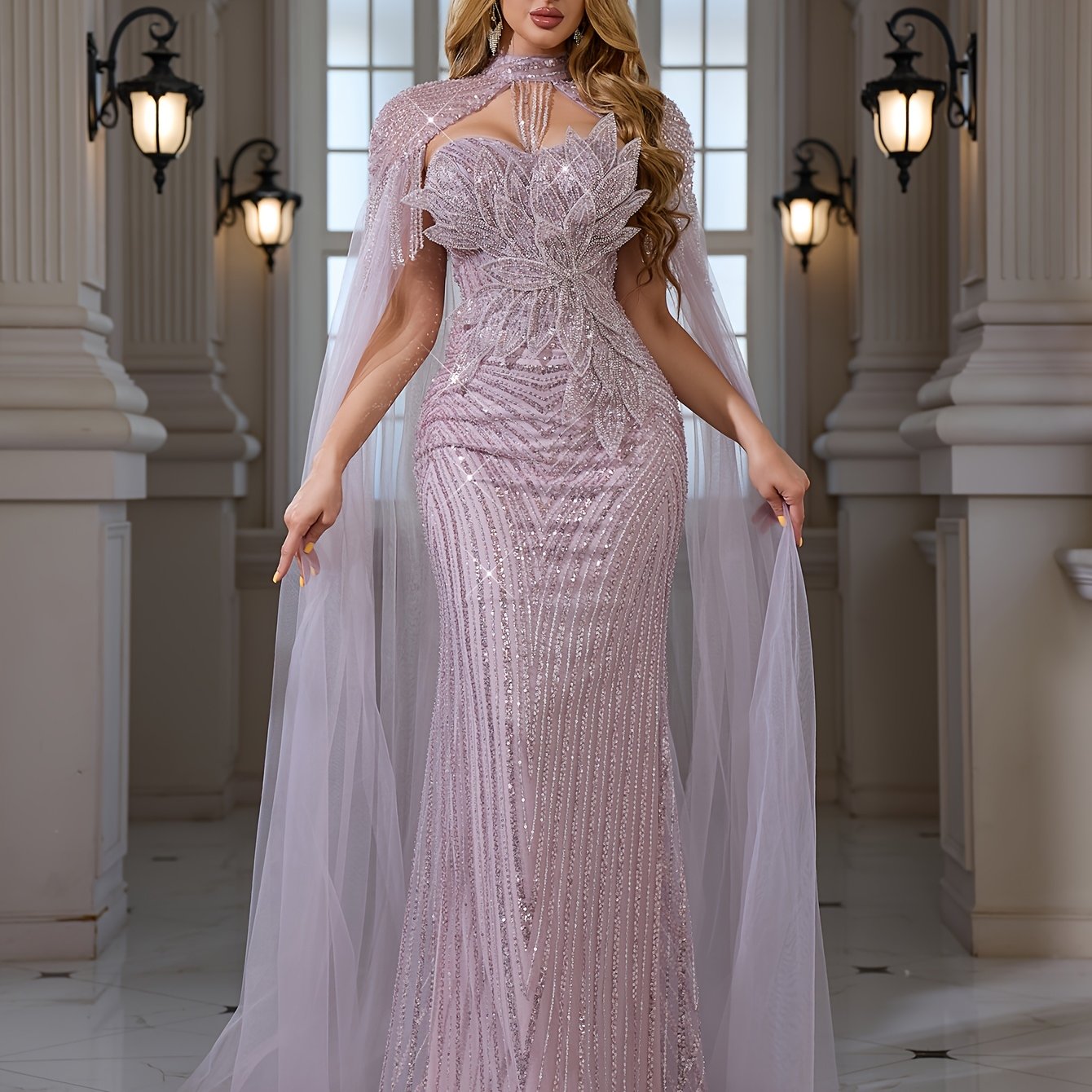 An Elegant And Sexy Evening Gown Featuring a High Neckline, 3D Petal Appliqués, And Flowing Tassels, Adorned with Sequins And Lace on The Bodice