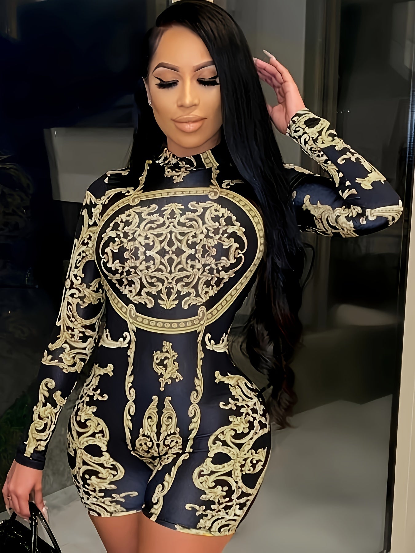 Trendy Floral Print Jumpsuit for Women - Slim Fit Bodysuit with Long Sleeves, Figure-Flattering Design - For Women - Perfect for Parties, Dates & Casual Occasions - Great Gift for Fashionable Women