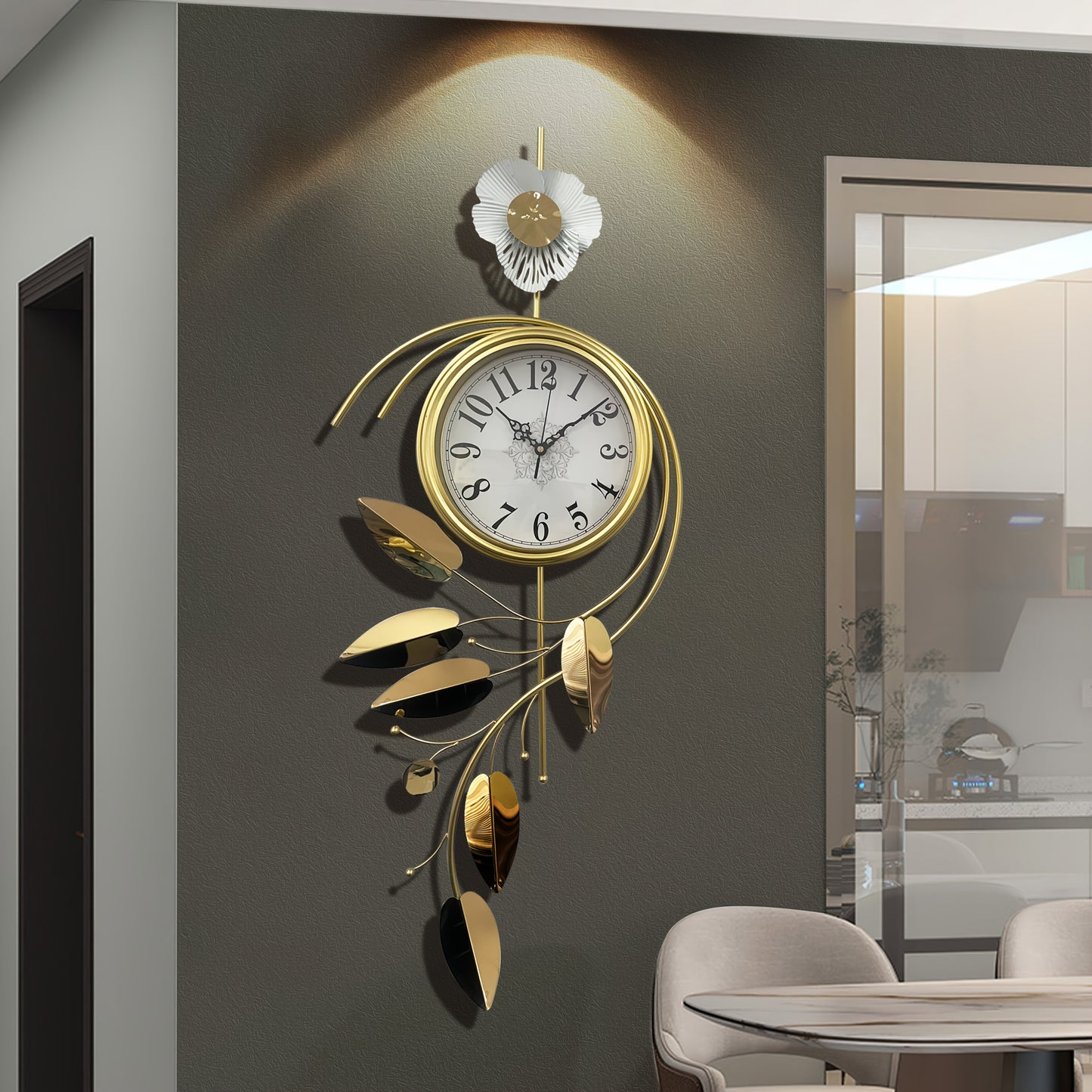 16.54x1.97x38.19inch New Chinese Style Ginkgo Leaf Wall Clock, Fashionable Light Luxury Silent Decorative Hanging Timepiece for Living Room, Stylish Wall Clock, Clocks For Living Room, Oversized Wall Clock, Retro Wall Clock