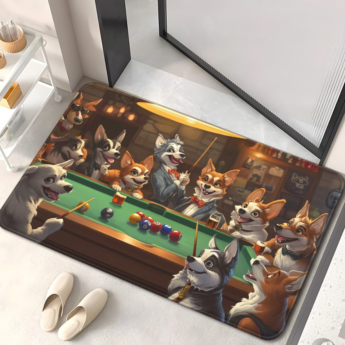 1pc Playful Dogs Playing Billiards Door Mat - Absorbent Microfiber Polyester, Machine Washable Indoor Rug for Bathroom, Bedroom, Living Room Entrance, Bathroom Floor