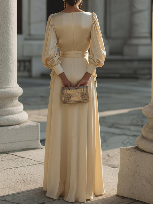 Champagne-Colored Lantern-Sleeve Fitted Long Dress | Vintage Courtly Elegance, Perfect for Semi-formal Occasions Like Banquets and Engagement Parties, Ideal for Spring and Autumn Seasons.