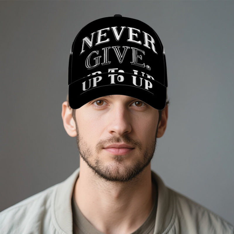 1pc 2D Never Give Up Words Print Baseball Cap - Full-Body Vibrant Polyester Hat, Adjustable Snapback for Running, Sports & Casual Streetwear., Running Hat, Outdoor Headwear, Trendy Streetwear, Lightweight Hat, Durable Fabric,
