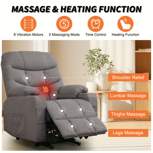 Power Lift Recliner Chair For Elderly And Adults, Power Recliner Chair With Massage And Heating, Electric Recliner With Remote Control And Cup Holders For Living Room, Grey Linen Fabric