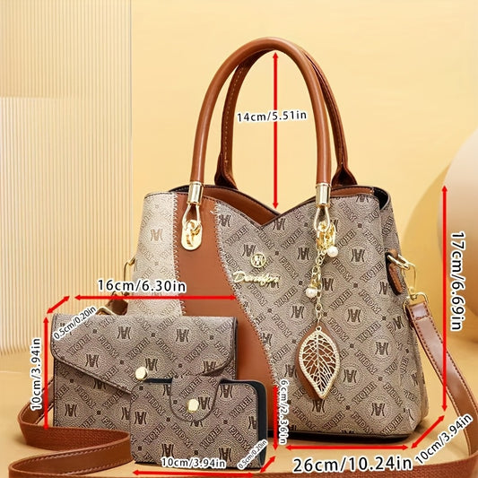 CHROSGEKEIDI Women's 2-in-1 Handbag & Crossbody Set - Coffee Brown Golden-Tone Hardware, Detachable Strap, Zipper Closure, Wallet-Like Pocket - Elegant Tote & Purse Combo for, Travel, Everyday (Luxury-Ready Matching Outfit