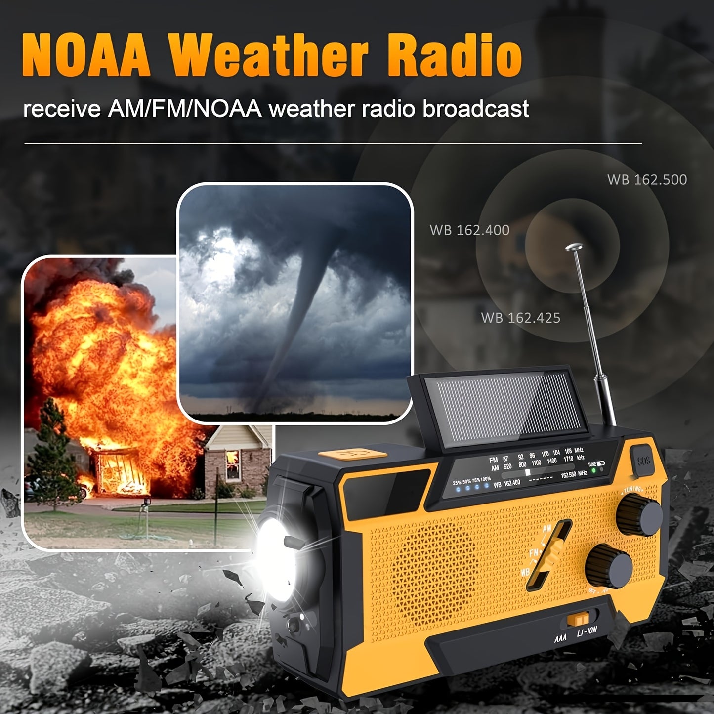 Portable Emergency Radio AM/FM/NOAA Weather Radio, 7400mWh Lithium Battery With Power Bank, Hand Crank And Solar Charging, SOS Alarm, Flashlight For Emergency