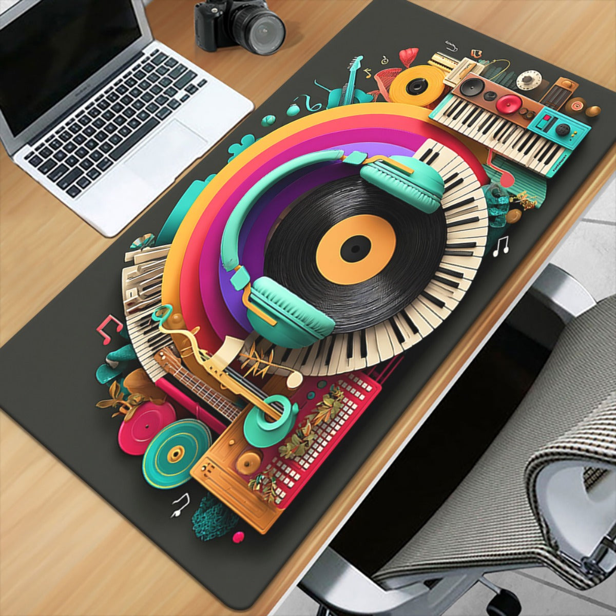 1pc XXL Music Headphones & DJ-Themed Gaming Desk - Non-Slip Rubber Base Large Computer Mouse Pad with Vinyl Record, Sound Mixer & DJ Equipment Design for Office, PC, Laptop - Ideal for Musicians & Audio Engineers