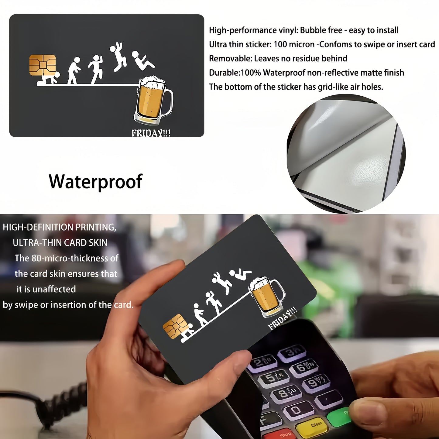 Fun Beer" Funny Pattern Waterproof Sticker Credit Card Skin Cover Ultra-Thin, High Quality, Scratch Resistant Suitable for Credit Cards, Debit Cards, Bus Cards, Removable Self-adhesive Most Cards, Decorative Sticker For Men A