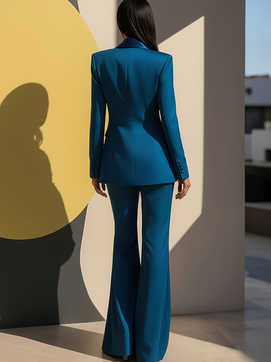 Women' 2pcs Suit: Bright Blue Double-Breasted Blazer & Flared Pants - Vintage Elegant Tailoring Matching Outfit, Hand Washable Suit for Weddings, Business Events, Year-Round Wear (No Included) - Spring/Summer Professional Att