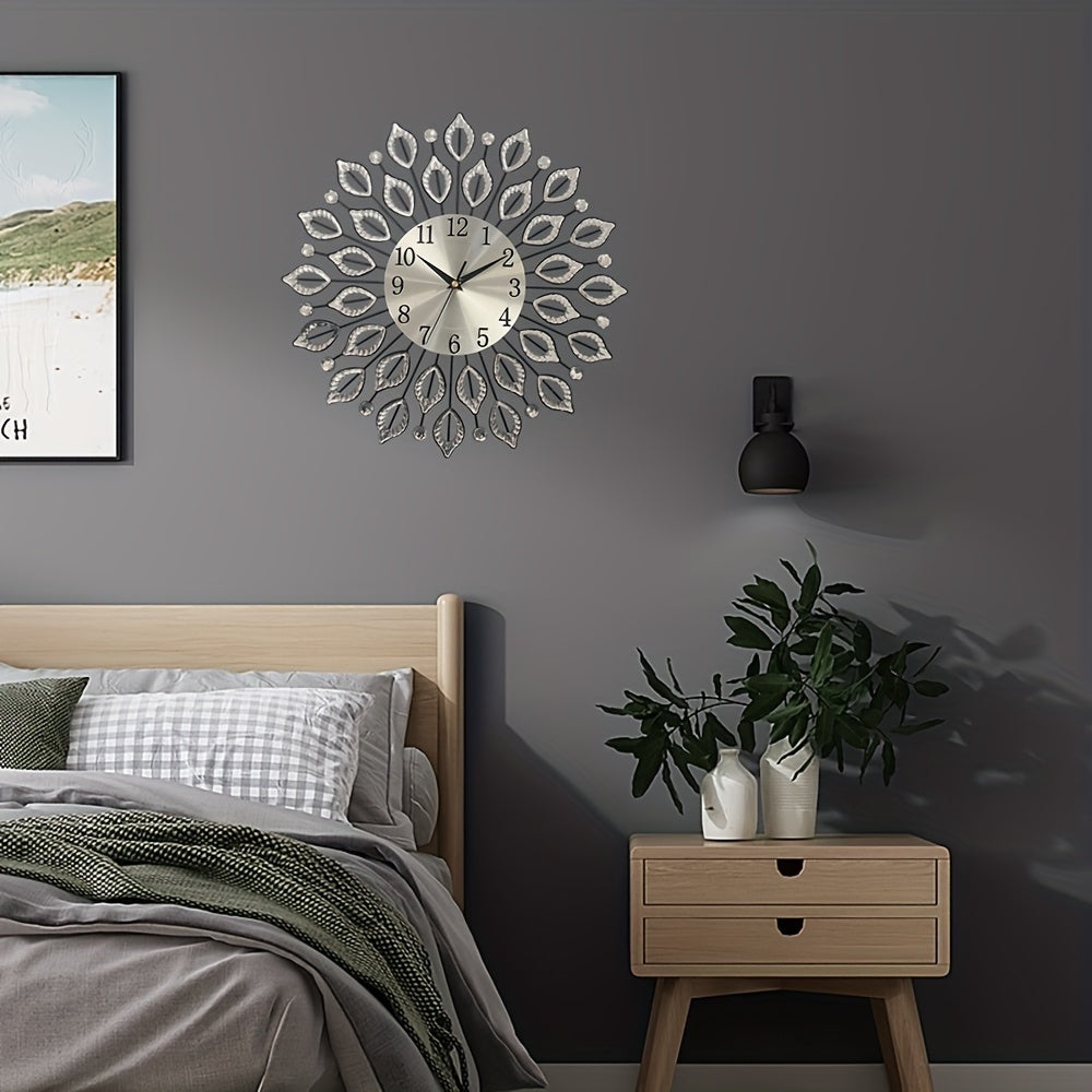 1pc silent decorative wall clock, 15.35 inch black metal material, with easy to read numbers, acrylic leaf rhinestones design, suitable for multiple places such as living room and bedroom, and a new house gift, Living Room Wa