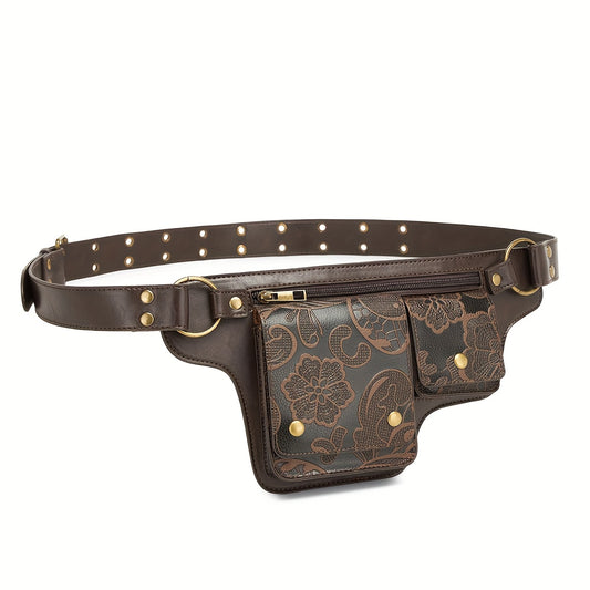 Convertible Crossbody Purse - Women's Adjustable Waist Bag with Floral Pattern - Zipper Closure & Snap Button - Synthetic Faux Leather Belt Bag for Everyday, Formal, Travel - Coffee Brown/Black, Crossbody Purse, Everyday Acce