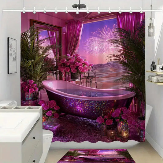 1/4pcs Dreamy Bathtub Night Scene Print Set, Extra Wide Circular Shower Curtain, Includes Non-Slip Mat, Toilet Seat Cover, Floor Mat, and 12 Plastic Hooks, Bathroom Accessories, Holiday Decoration, Home Gift, Shower Curtain S
