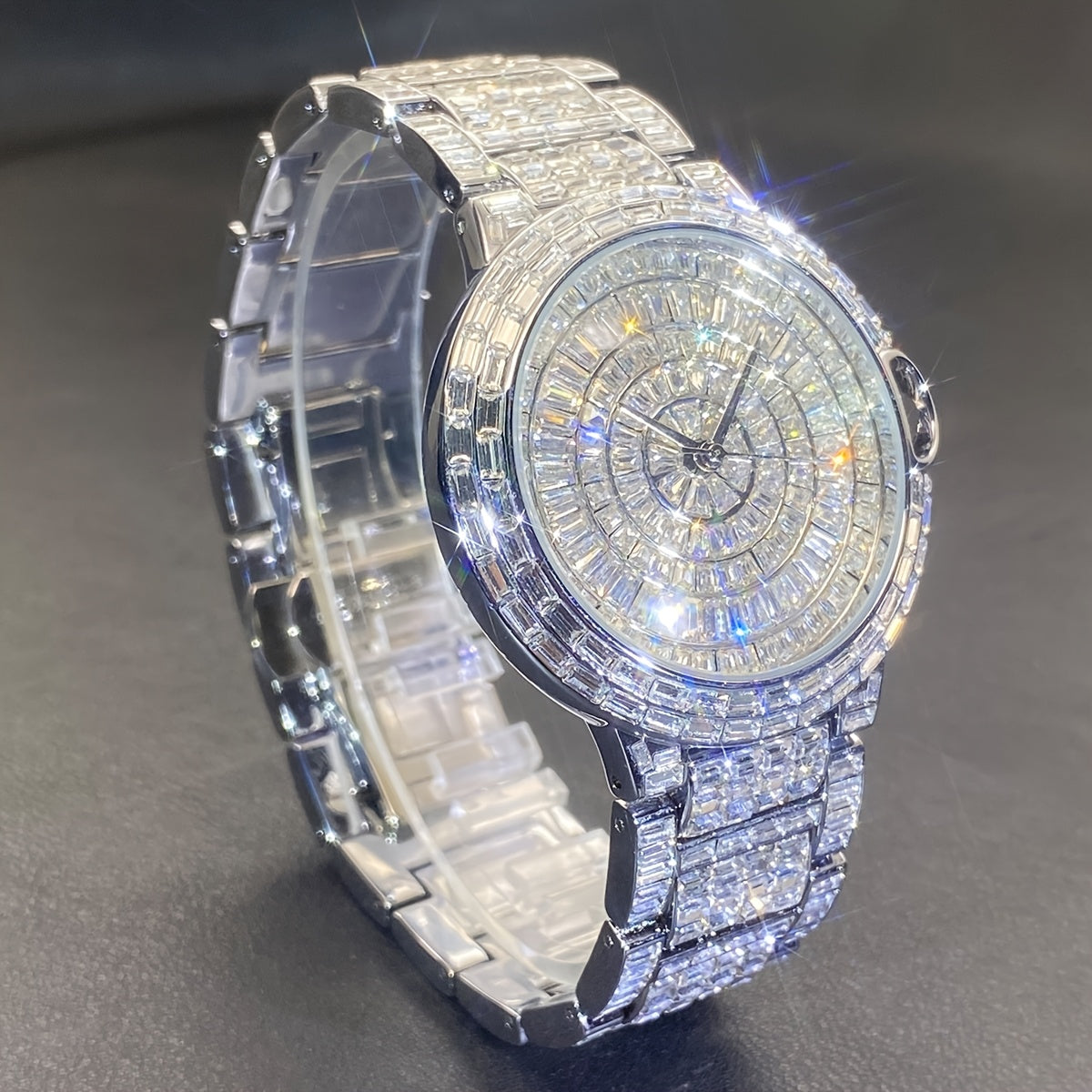 1pc PLADEN Luxury Men'S Square Ice Watch with Rhinestones, Fashion Hip-Hop Faux Faux Faux Gemstone, Round Dial, Alloy Band, Quartz Movement, Battery Operated, Water Resistant, for Party, New Year, Independence Day, Ramadan