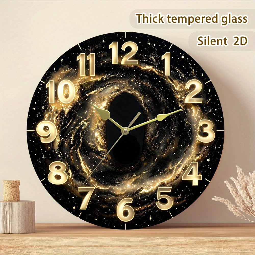Glass Deep Sparkling Golden Vast Universe Wall Clock, Dark Tempered Glass Face with Film Coating for Living Room, Bedroom, Kitchen & Office Decor - Unique Aesthetic Home Artwork, Ideal Birthday Gift and Modern Housewarming Pr