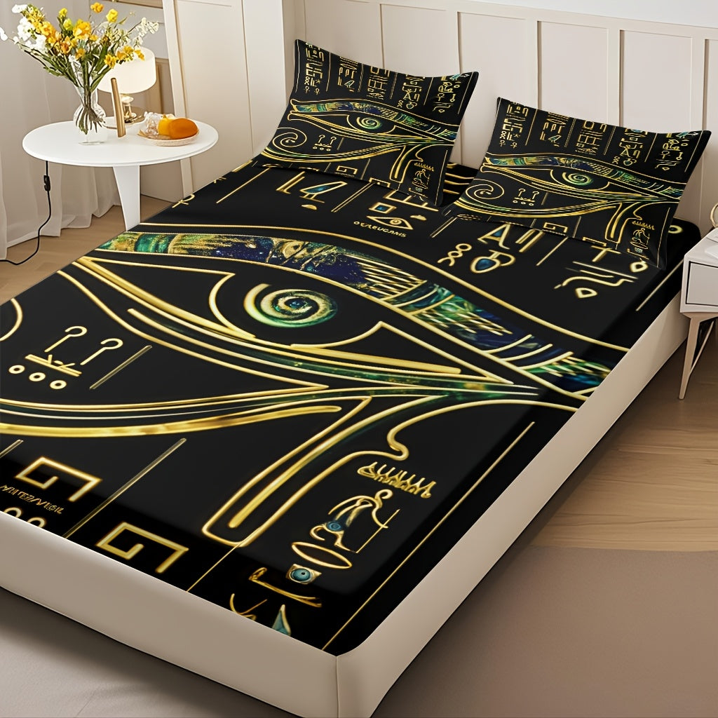 3pcs Comfortable Egyptian Hieroglyphics Theme Bed Fitted Sheet Set - Soft High-Definition Digital Print, Soft, Breathable 100% Polyester, Perfect Gift, All-Season Family And Friends Gift