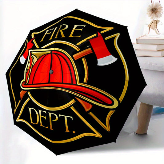Automatic Opening/Closing Fire Dept Umbrella with Firefighter Badge Emblem (FD Badge) - 8-Rib Heavy-Duty Black & Firefighter Accessory, Portable All-Weather Umbrella for Emergency Services, & Fire Department Style