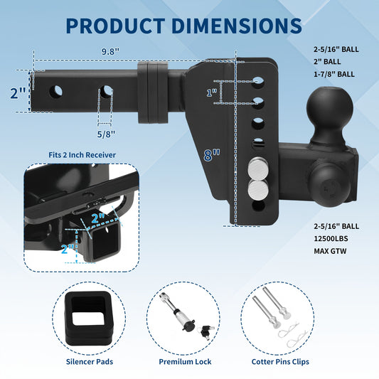 Adjustable Trailer Hitch with Tri-Ball Mount - 6" Drop/Rise, Fits 1-7/8", 2", 2-5/16" Receivers, Up to 12, 500 LBS GTW, Weatherproof Powder-Coated Finish, Double Anti-Theft Locking Pins, Ideal for RVs, Boats, and More, Traile