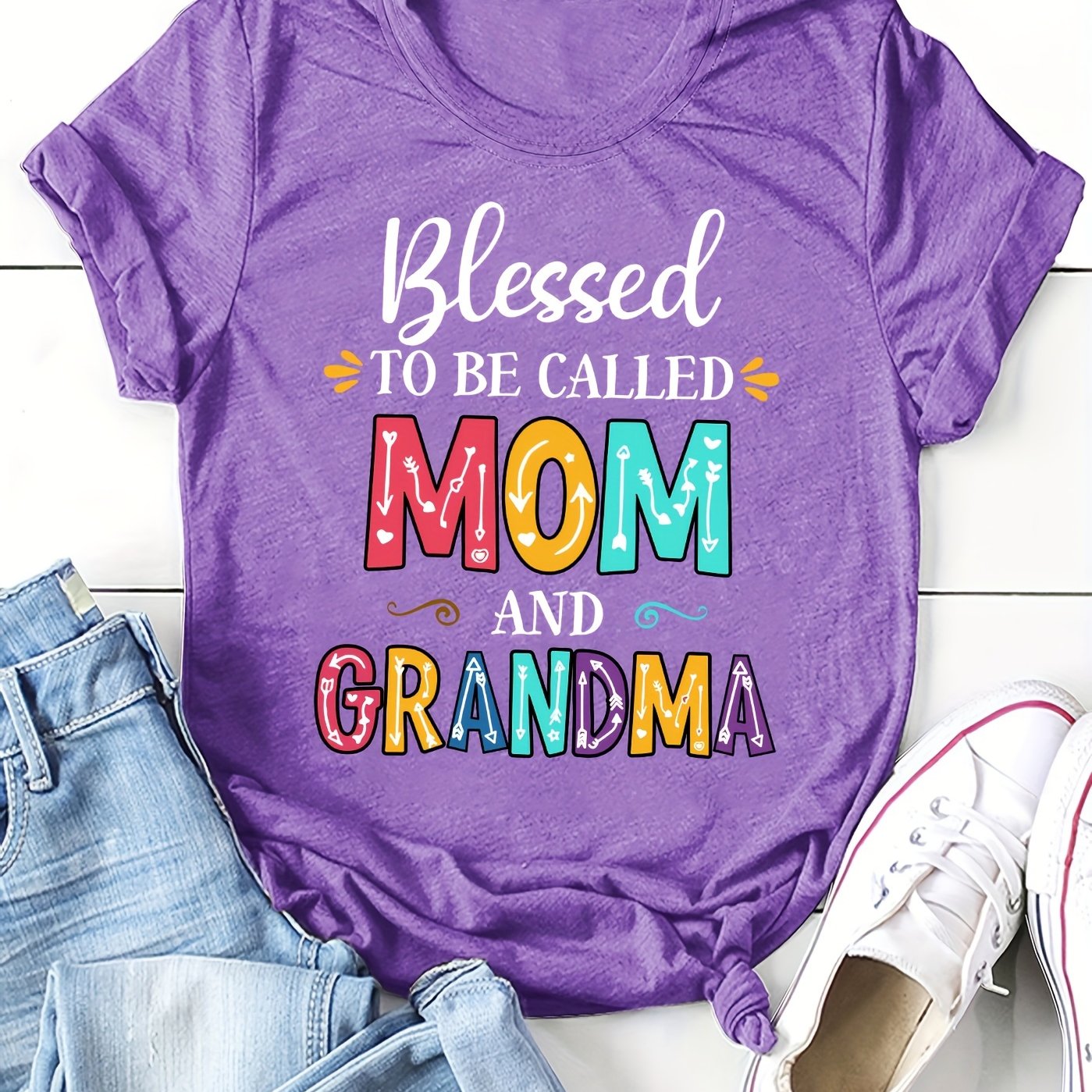 Mom Grandma Print Crew Neck T-shirt, Casual Short Sleeve Top For Spring & Summer, Women's Clothing