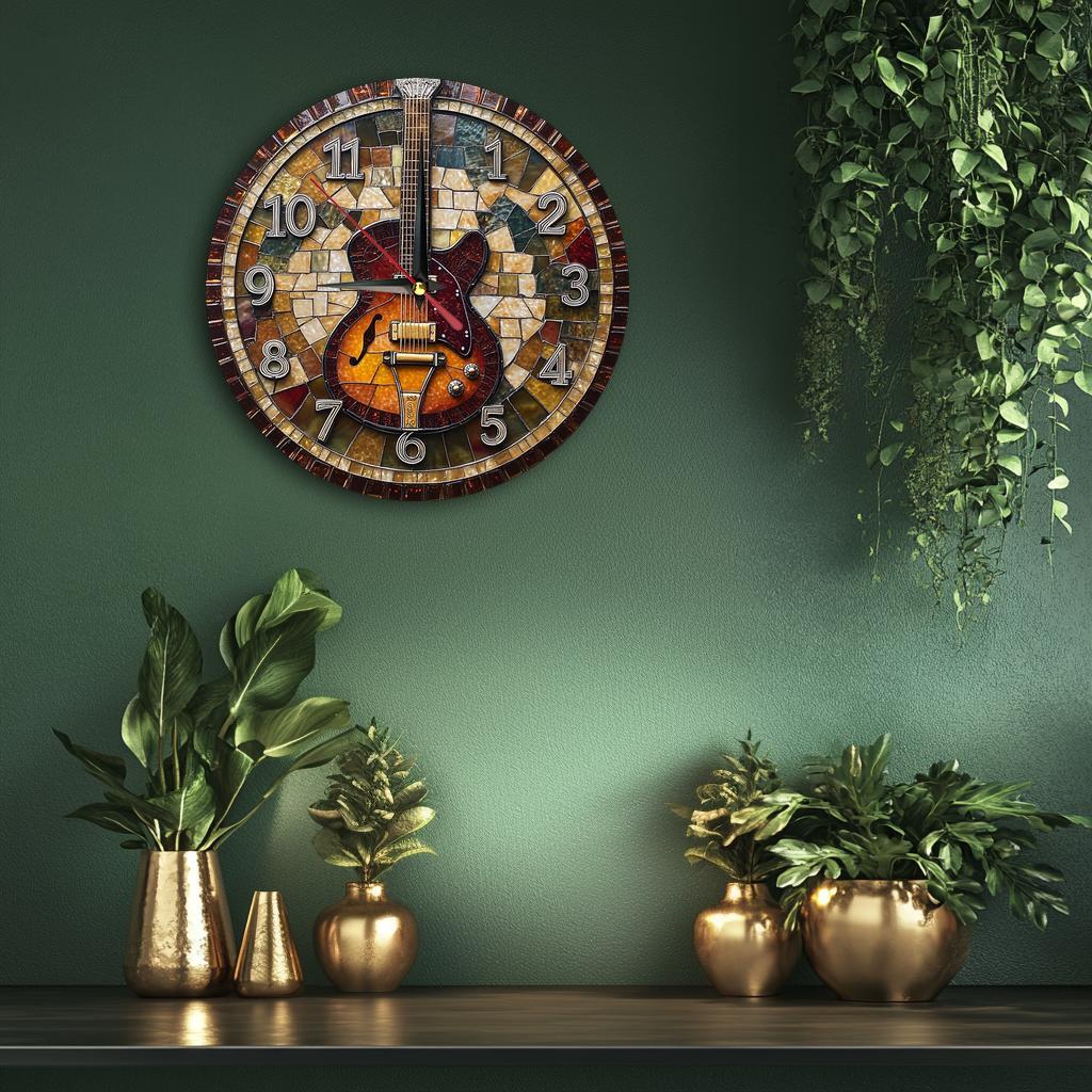 1pc Rustic Farmhouse Style Wooden Round Wall Clock, Guitar Theme, Silent Movement, Easy-to-Read, AA Battery Operated (Not Included), 9.8x9.8 inches for Home, Kitchen, Bedroom, Office Decor