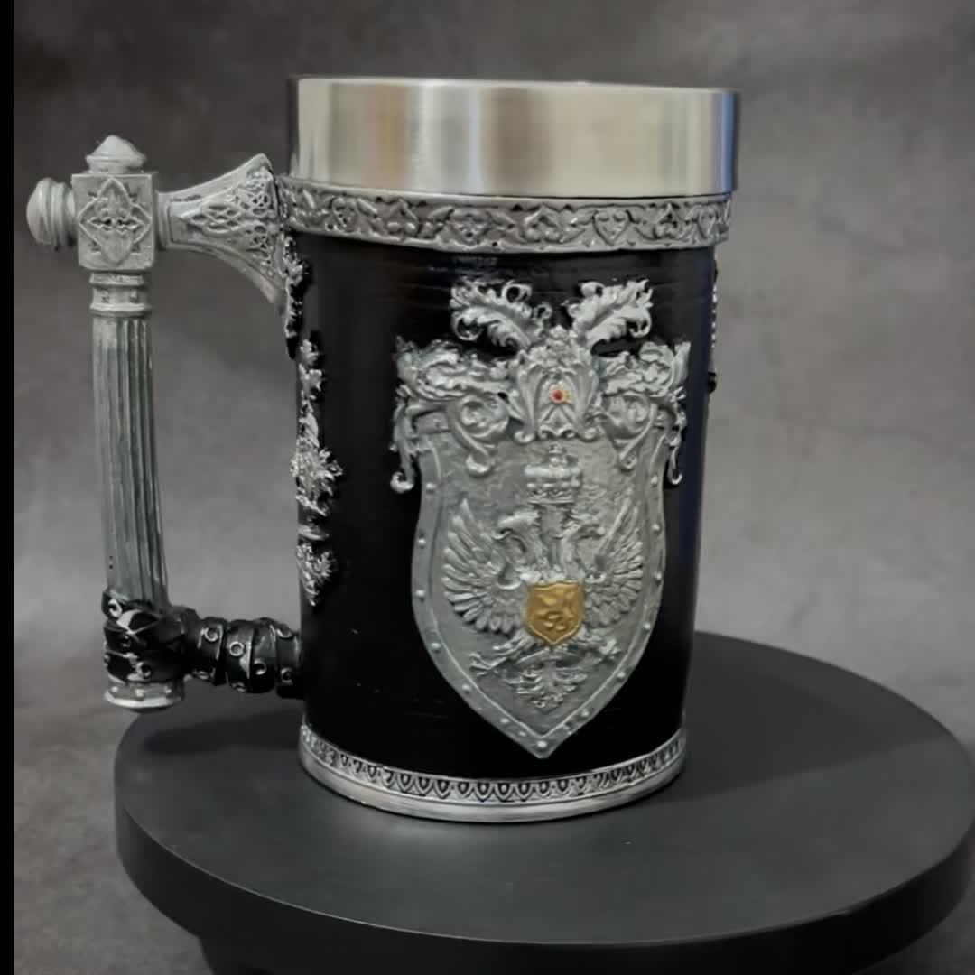 Stainless Steel Resin Relief Cup - Medieval Beer Mug, 1pc, 20.29oz - Vintage German Creative Large Tankard - Non-Slip, Reusable, Multi-Purpose - for Home, Kitchen, Bar, Christmas, Halloween Gift