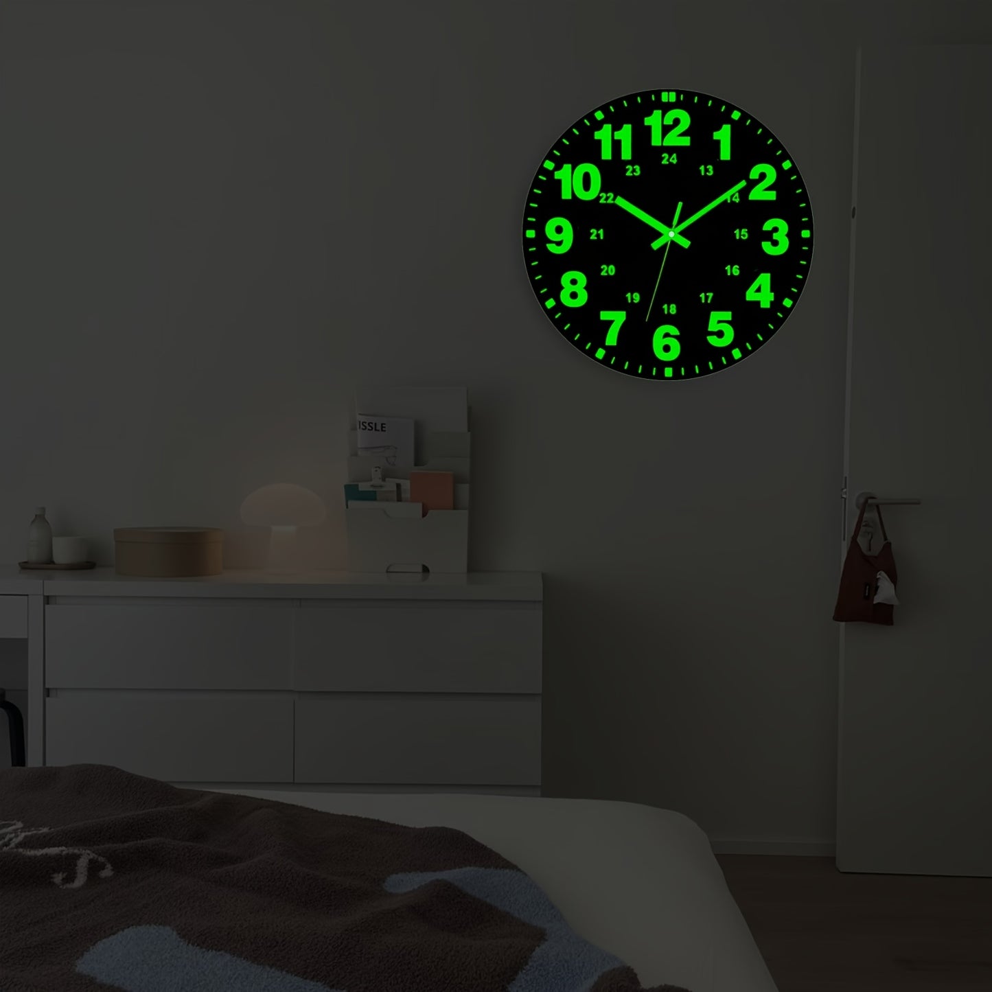 1pc Glow-in-the-Dark Wall Clock - 12 Inch Silent Non-Ticking Vinyl Round Clock with Green Numbers & Hands, Flat Crown Design, AA Battery Operated (Not Included) for Bedroom & Living Room Decor, Clock for Living Room, Durable