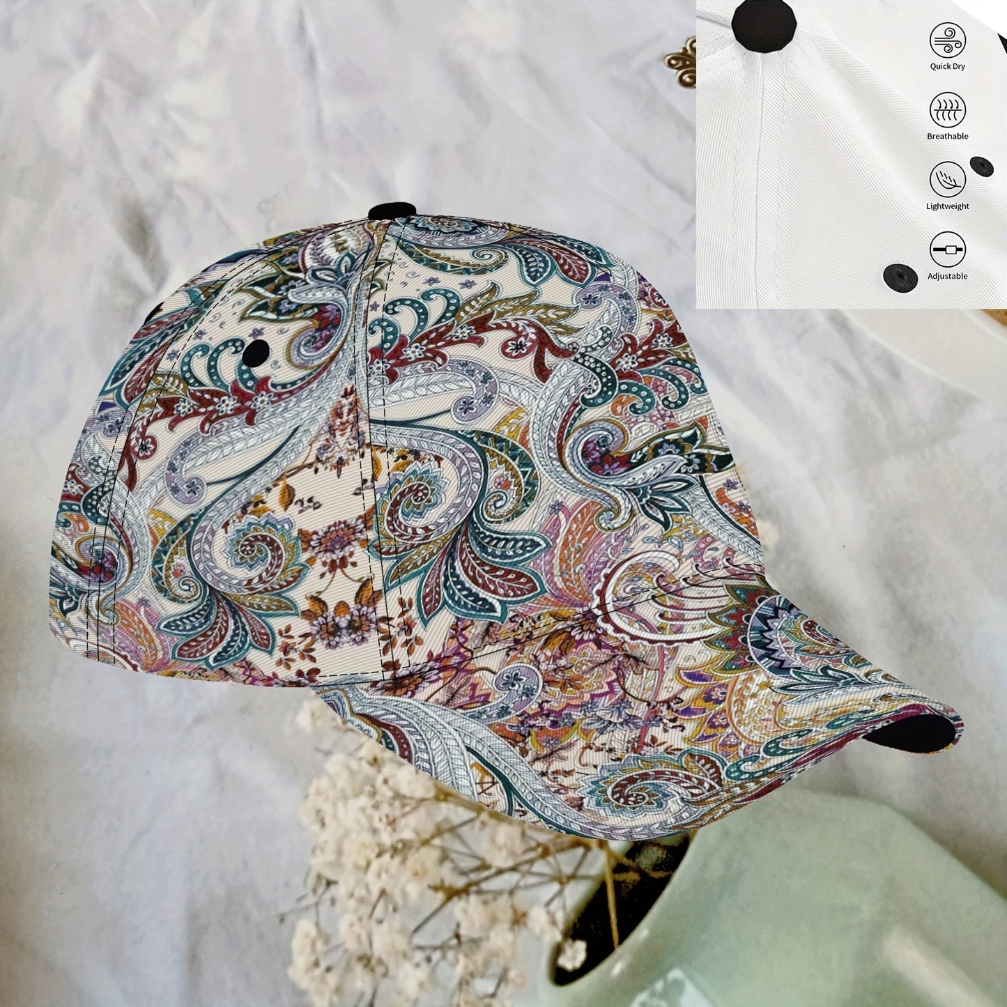 Paisley-Floral Baseball Cap - Adjustable Snapback Lightweight Breathable Unisex Hat for Sports, Travel & Outdoor Activities - Machine Washable Glamorous Style Sun Hat - Perfect Holiday Gift